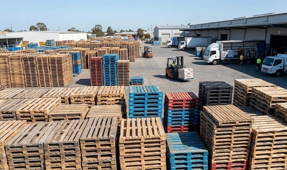 Aerial view of our outdoor pallet yard with thousands of pallets sorted by type