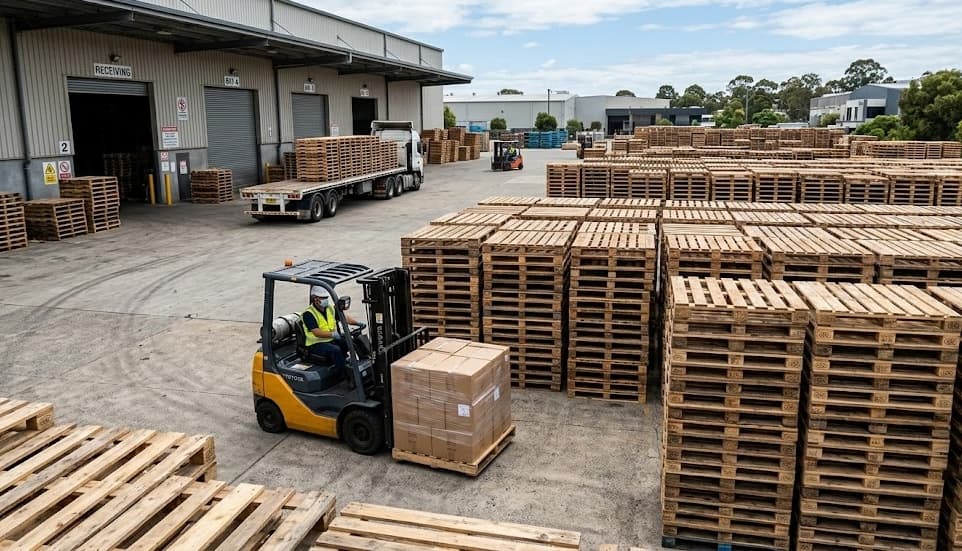 Forklift moving pallets in our yard with delivery truck