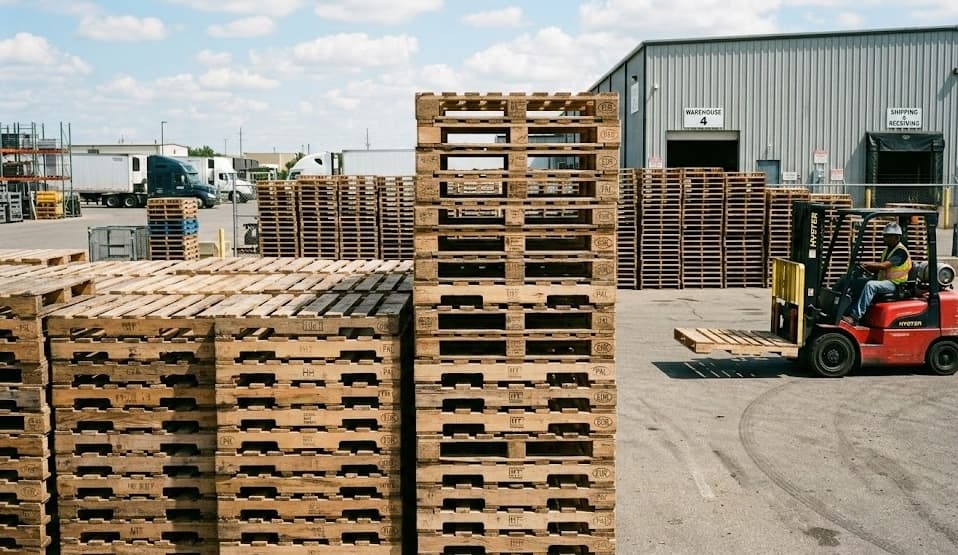 Pallet stacks at our recycling facility