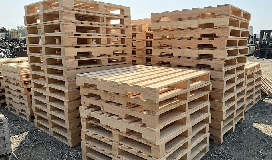 Stacks of new wooden pallets ready for delivery